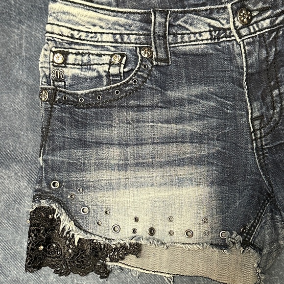 Miss Me Women's Blue Jean Denim Shorts with Black Lace and Bling 30 - Picture 2 of 15